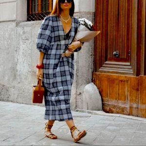 Zara Blue Plaid Puff Sleeve Maxi Dress Size Small